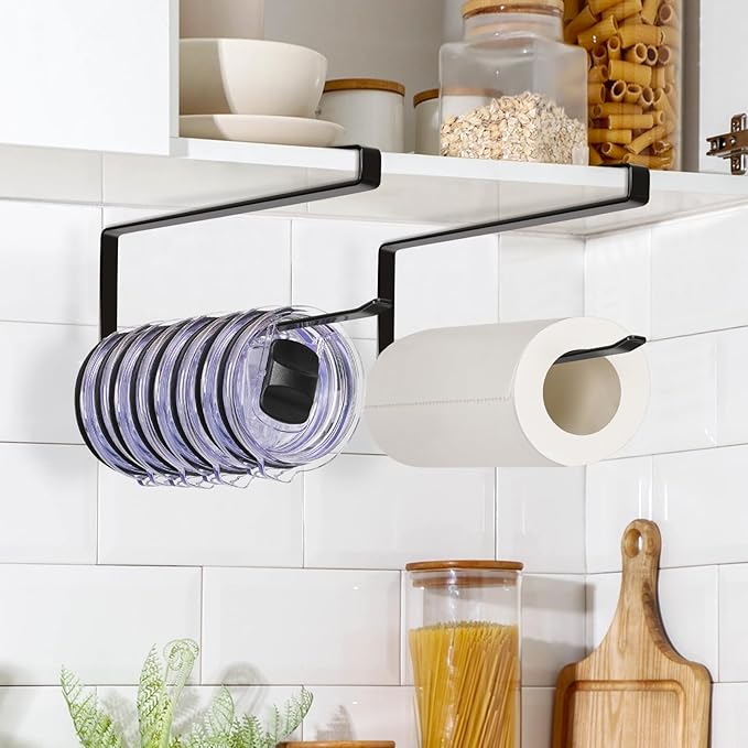 Tumbler Lid Organizer Under Cabinet, Tumbler Lid Storage Hook Up to 10 Lids, Cup Lid Holders Space Saving Tumbler Lid Hanger for Kitchen Storage, Horizontal Paper Towel Hanger (Black)