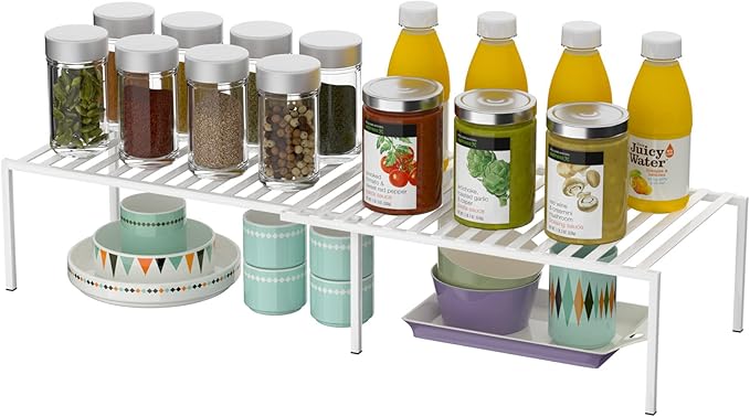 Redrubbit 2 Pack Expandable Cabinet Storage Shelf Rack - Kitchen Counter and Cabinet Shelf - Steel Metal Wire - Cupboard, Plate, Dish, Counter & Pantry Organization - White
