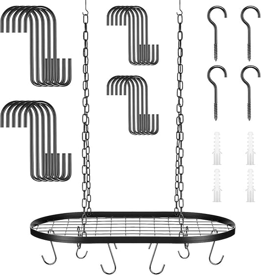 20 Inch Pots and Pans Organizer Hanging Rack Pot and Pan Organizer with 20 S Hooks for Home, Restaurant, Kitchen Cookware, Utensils, Books, Household(Black)