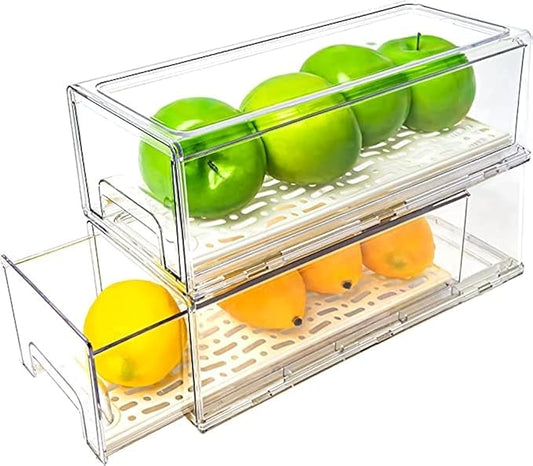 MANO 2 Pack Stackable Refrigerator Drawers Pull Out Bins Clear Fridge Drawer Organizer Food Storage Containers Plastic Veggie Fruit Produce Saver for Pantry Kitchen Freezer(M)