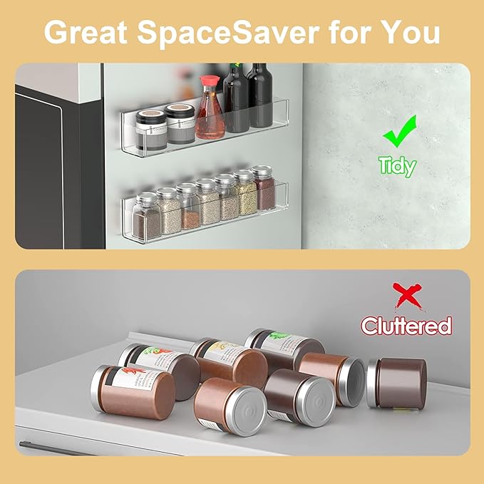 VAEHOLD Adhesive Acrylic Spice Rack with 2 Nano Double Sided Tape Wall Mount Organizer for Bathroom Clear Wall Spice Rack With Shelf Ends for Kitchen Cabinet Door - 4 Pack