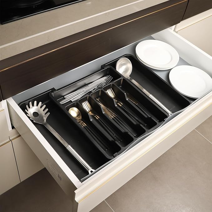 Houseware Expandable Kitchen Drawer Flatware Organizer,Silverware Organizer Utensil Drawer Cutlery Tray, Black