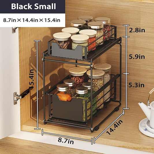 Under Sink Organizer Pull-out Kitchen Bathroom Organizer Spice Rack with Sliding Drawer, 2 Tier Storage Rack for Food Storage Room Makeup
