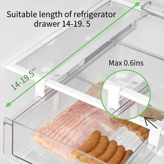 vacane Refrigerator Organizer Drawer,Plastic Fridge Drawer With Handle Pull Out Fridge Bins Organizer, Extra-Long Stretch 19.5",Cheese, Deli Meat, Drinks, Fruit, Vegetable