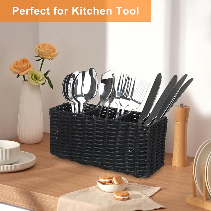 Ayiaren Wicker Silverware Cutlery Holder Black Flatware Utensil Caddy Best Silverware Organizer Storage for Countertop Party Kitchen Utensils Holder Flatware Silverware Caddies Spoon and Fork Holder