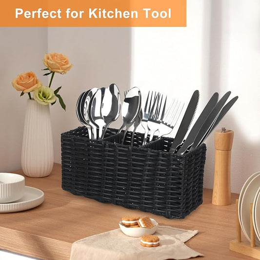 Ayiaren Wicker Silverware Cutlery Holder Black Flatware Utensil Caddy Best Silverware Organizer Storage for Countertop Party Kitchen Utensils Holder Flatware Silverware Caddies Spoon and Fork Holder