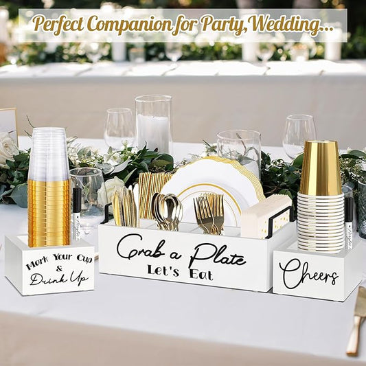 Paper Plate Holders with 2 Cup Holders and 2 Markers, Wood Utensil Holder for Party, Kitchen Paper Plate Dispenser for Counter, Disposable Plate Organizer, Silverware Holder for Cup, Plate, Napkin