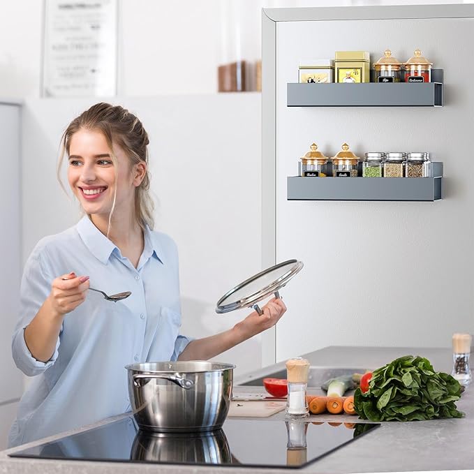2 Pack Moveable Fridge Magnetic Spice Racks,Metal Grey