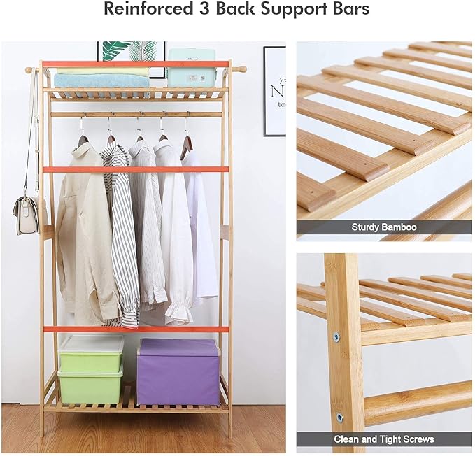 Ufine Bamboo Clothes Hanging Rack with 2 Tier Storage Shelves and 2 Coat Hooks Portable Laundry Rack Cloest Organizer Garment Rack for Bedroom Guest Room
