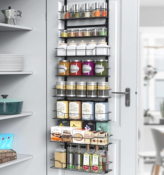 Over the Door Pantry Organizer, 8-Tier Pantry Door Organizers and Storage, Hanging Kitchen Spice Rack Organizer for Pantry Door, Easy Install, Behind Door Kitchen Storage Rack, Black