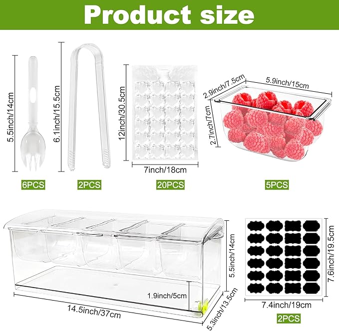 Ice Chilled Condiment Server Caddy, Bar Fruit Caddy with Lid and 5 Removable Compartments, Plastic Storage Food Container Clear Ice Condiment Serving Tray for Party, Toppings Bar Container
