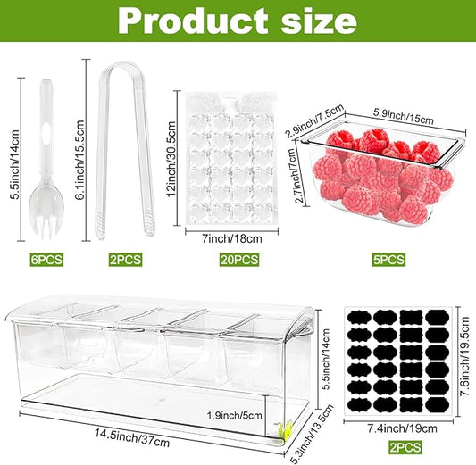 Ice Chilled Condiment Server Caddy, Bar Fruit Caddy with Lid and 5 Removable Compartments, Plastic Storage Food Container Clear Ice Condiment Serving Tray for Party, Toppings Bar Container