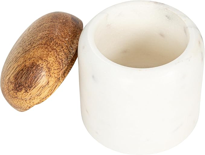 Creative Co-Op Marble and Mango Wood Pinch Pot with Lid, White and Natural