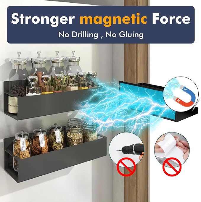 maytopia Magnetic Spice Rack Organizer for Refrigerator, 4 Pack Metal Strong Magnetic Shelf for Fridge with 4 Hooks, Small Black Spice Rack for Home Kitchen Cabinet Oven and Laundry Room Storage