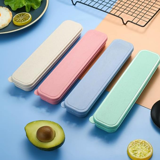 MY MIRONEY 4-Piece Travel Tableware Set - Portable Utensil Storage Box in Pink, Blue, Beige, Green