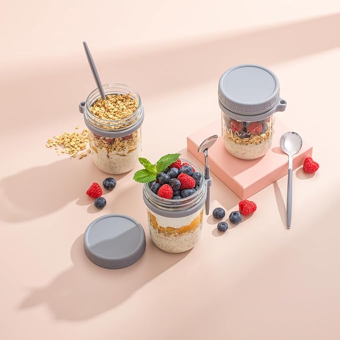 JoyJolt 3-Pack Overnight Oats Containers with Lids and Spoons Set, 16 oz Mason Jars for Overnight Oats, Chia Pudding Jars - BPA-Free, Leak Proof Small Containers for Meal Prep