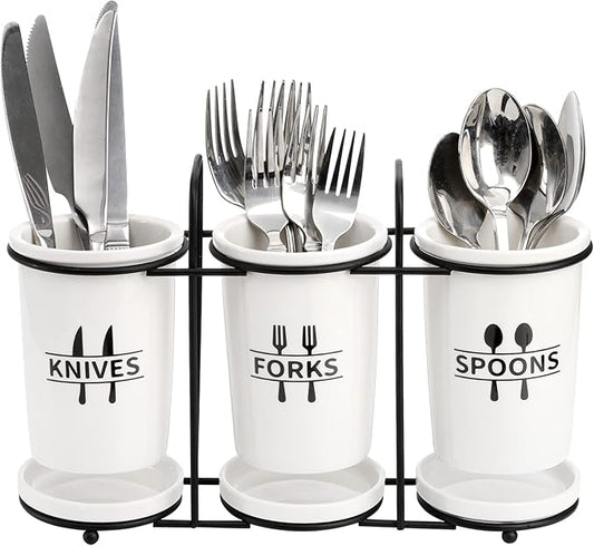 Fasmov Flatware Holder, 3-Piece Silverware Caddy Utensil Holder Ceramic Flatware Caddy with Metal Rack, Flatware Caddy White Ceramic Cutlery Organizer for Forks, Spoons, Knives