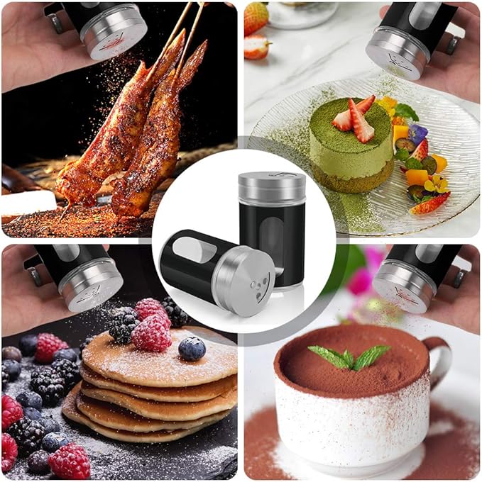 Accmor 2pcs Salt and Pepper Shakers,Stainless Steel Shaker for Salt Powder Sugar Cinnamon Pepper, Spice Dispenser with Adjustable Pour Holes,Black
