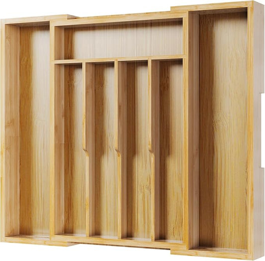 Kitsure Thickened Silverware Organizer - Expandable Bamboo Kitchen Drawer Organizer for Cooking Utensils and Cutlery, Sturdy Kitchen Organizers and Storage Solution, 15.0"×13.3"×1.8"
