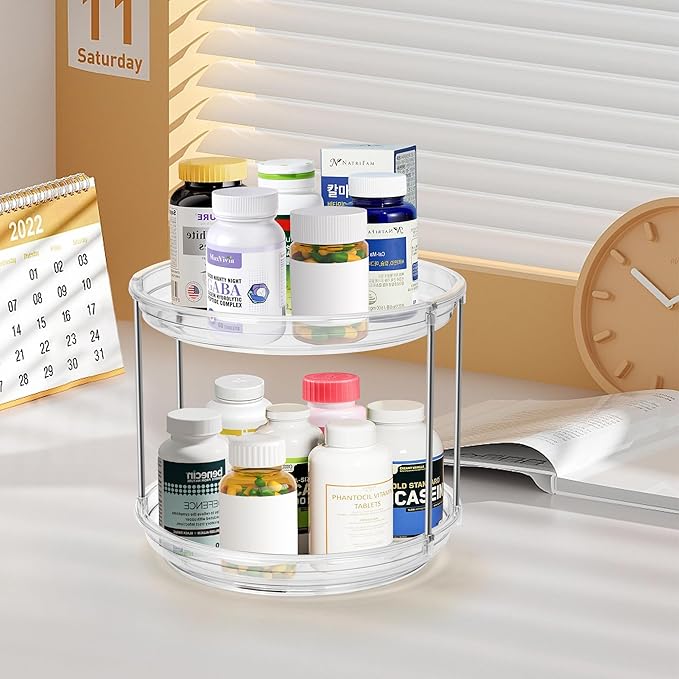 2-Tier Lazy Susan Turntable Organizer, 9.2'' Spice Rack for Cabinet, Rotating Medicine Cabinet for Condiment, Pill Bottle, Kitchen Pantry, Countertop, Bathroom, Makeup