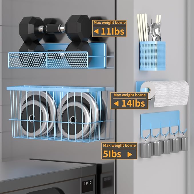 Magnetic Spice Rack for Refrigerator, 7 Pack Metal Magnetic Shelf, Moveable Magnetic Storage Fridge Organizer, Spice Organizer, Hook Rack, Paper Towel Holder, Utensils and Cutting Board Holder, Blue