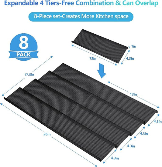 Spice Drawer Organizer,Spice Rack Drawer for Kitchen, 4 Tier Acrylic Drawer Spice Organizer for Jars and Packets,Expandable From 13" to 26" 8 Pack (black)
