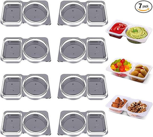 7-Pack Reusable Double Compartment Condiment Containers with Lids - Leak-Proof 2-Section Disposable Snack Cups for Sauce, Dips, Sampling & Travel Portions