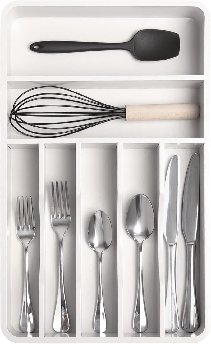 Silverware Organizer - Cutlery, Flatware, and Utensil Holder for Kitchen Drawers, Fixed 10.5” Width, 7 Storage Compartments, Non-Slip Feet, Rounded Corners, 100% Bamboo, White Finish