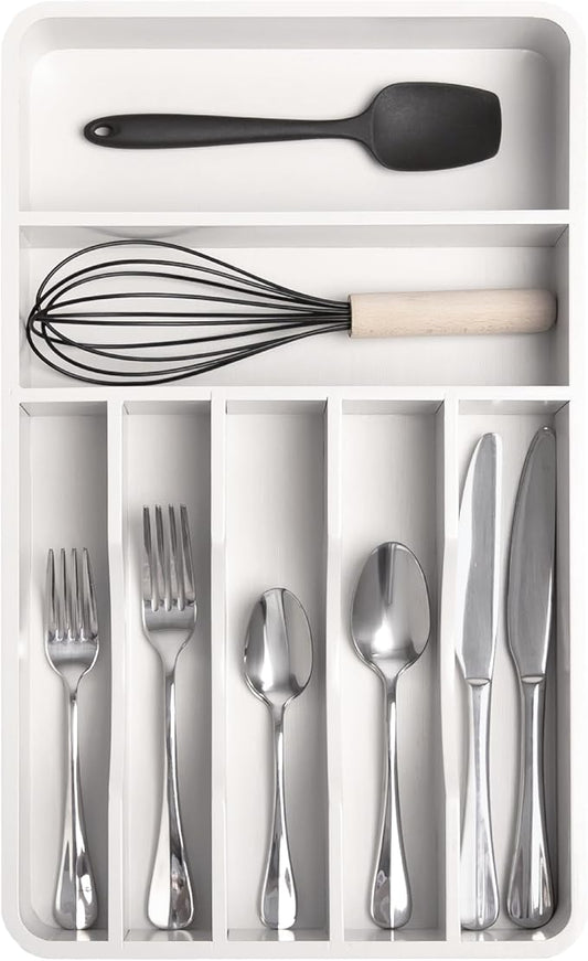 Silverware Organizer - Cutlery, Flatware, and Utensil Holder for Kitchen Drawers, Fixed 10.5” Width, 7 Storage Compartments, Non-Slip Feet, Rounded Corners, 100% Bamboo, White Finish