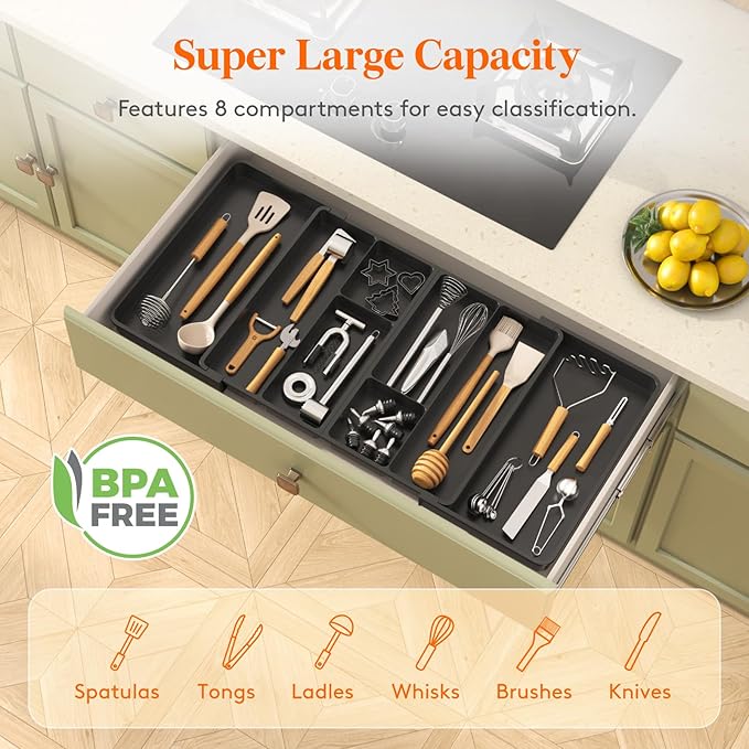 Lifewit Large Utensil Organizer for Kitchen Drawer, Expandable From 21 to 36 Inches, Adjustable Cooking Silverware Tray, Plastic Cutlery Flatware Holder, Spatula Tools Gadgets Storage Divider, Black