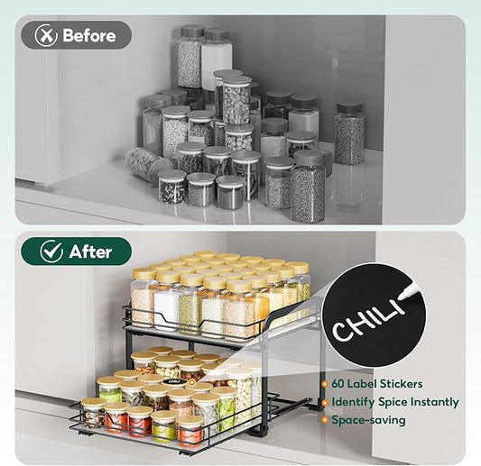 Spice Rack Organizer for Cabinet - 2-Tier Vertical Pull Out Spice Rack, Heavy Duty Metal Spice Shelf with Easy to Install Design, Fits Countertop, Cabinet & Pantry