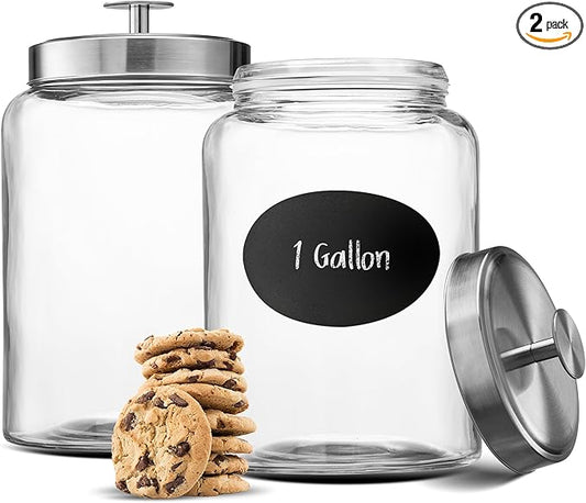 KooK Glass Storage Containers with Lids, 1 Gallon, Set of 2, Glass Canister, Laundry Jar, Kitchen Jar, Storage for Pantry, (3.7, Circular, Silver)