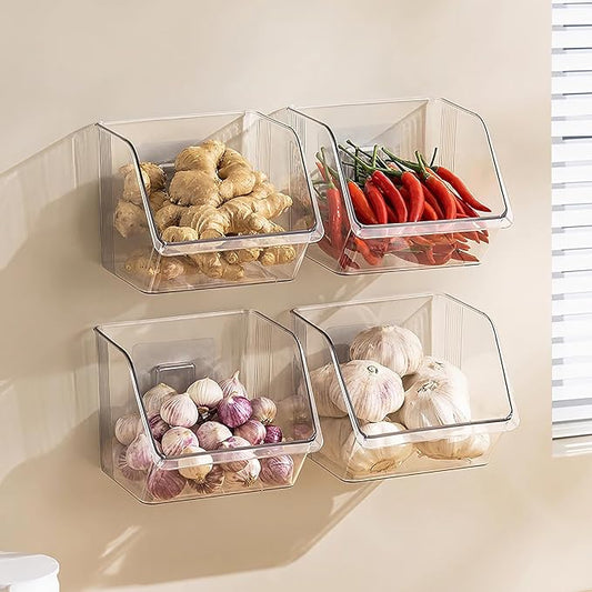 3-Pack Small Clear Storage Baskets, Adhesive Spice Rack Wall Mount for Countertop/Cabinet/Bathroom, Plastic Storage Bins Kitchen Wall Organizer and Storage Shelves, Spice Organizer