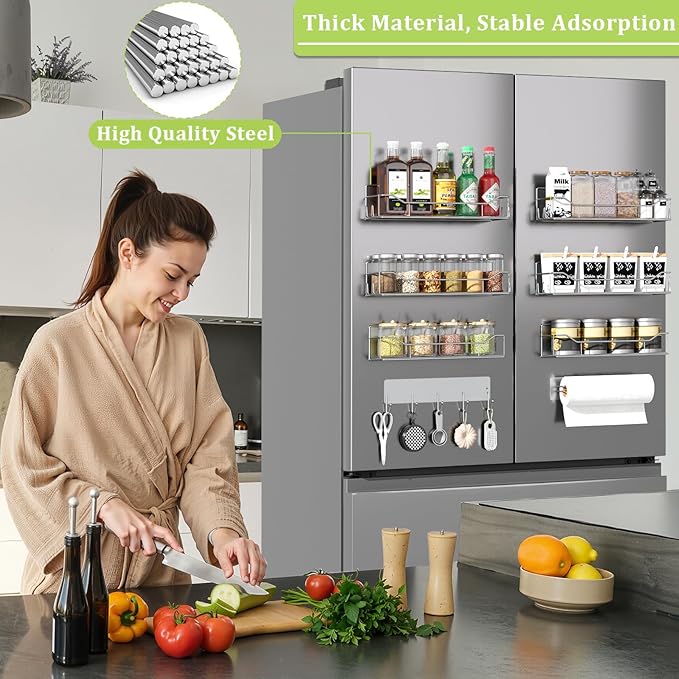 Magnetic Spice Rack for Refrigerator, 9 Pack Magnetic Fridge Shelves W/Adjustable Paper Towel Holder, Hook Rack, Moveable Spice Organizer Shelf for Kitchen Organization and Storage (Grey)