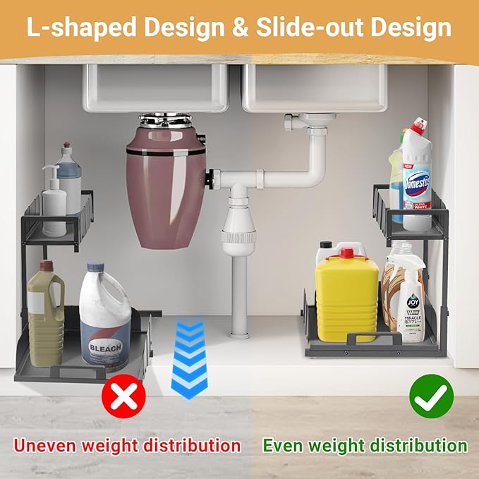 Under Kitchen Sink Organizer, 2 Tier Metal Pull Out Cabinet Organizer with Sliding Drawer, Heavy Duty Bathroom Organizers and Storage Shelf, Storage and organization for Home,Laundry,Office, 2 Pack
