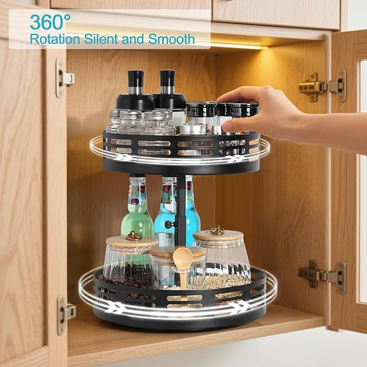 Lazy Susan Organizer,4 Adjustable Heights Lazy Susan Turntable for Cabinet,2-Tier Snack Organizer for Pantry Shelf,Rotating Spice Rack,Wood Condiment Seasoning Organizer for Spices, Makeup,Snack