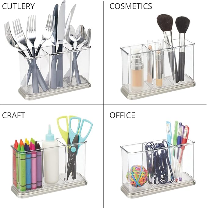 mDesign Plastic Cutlery Utensil Holder Storage Organizer Caddy for Kitchen Countertop Organization - Holds Fork, Knife, Spoon, Silverware - 3 Divided Sections - Hyde Collection - Clear/Brushed