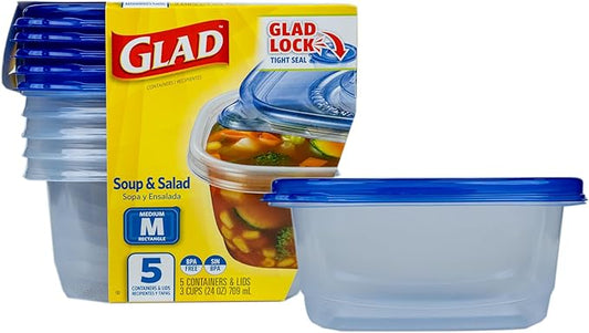 GladWare Soup & Salad Food Storage Containers for Everyday Use | Medium Rectangle Containers for Food Storage | Containers Hold up to 24 Ounces of Food, 5 Count Set