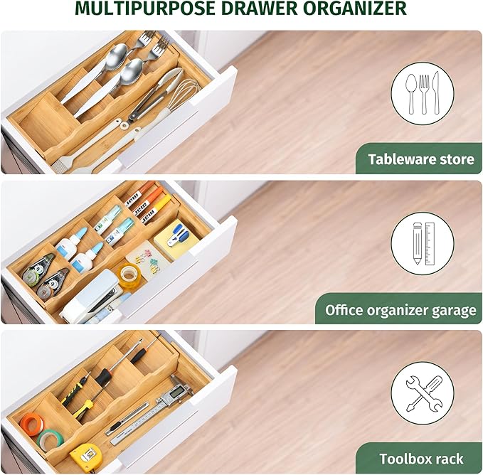 Kitchen Drawer Organizer Bamboo Silverware Drawer Organizer,Expandable Utensil Organizer, Bamboo Cutlery Tray and Utensil Holder for Kitchen Flatware(5 Slots, Natural)