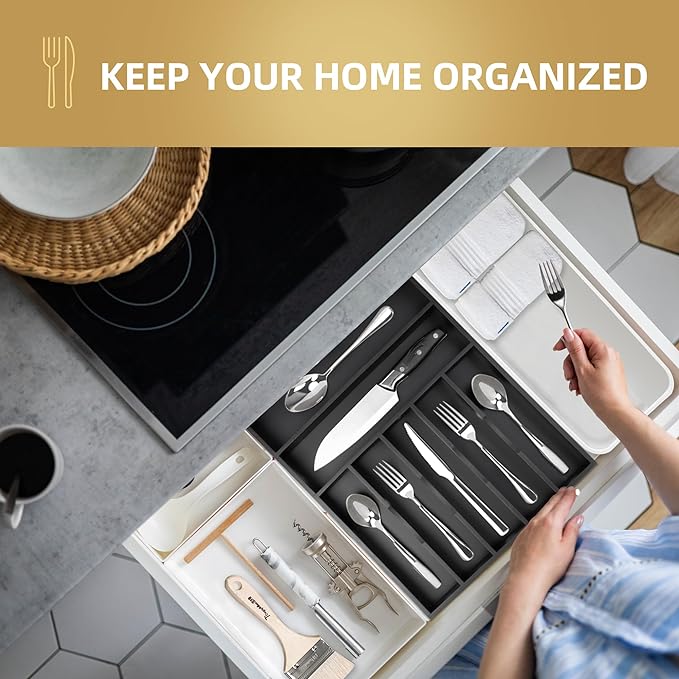 Silverware Organizer Bamboo Kitchen Drawer Organizer Utensil Organizer Silverware Holder Cutlery Organizer in drawer Flatware Organizer Tray (Black 7 Slots)