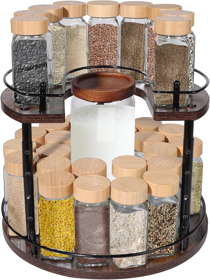 2-Tier Lazy Susan Spice Rack Organizer, Height Adjustable Rotating Turntable for Cabinet, Kitchen Countertop & Pantry, 12 Inch Wooden Spice Storage Rack, Compact & Versatile Design, Rustic Brown