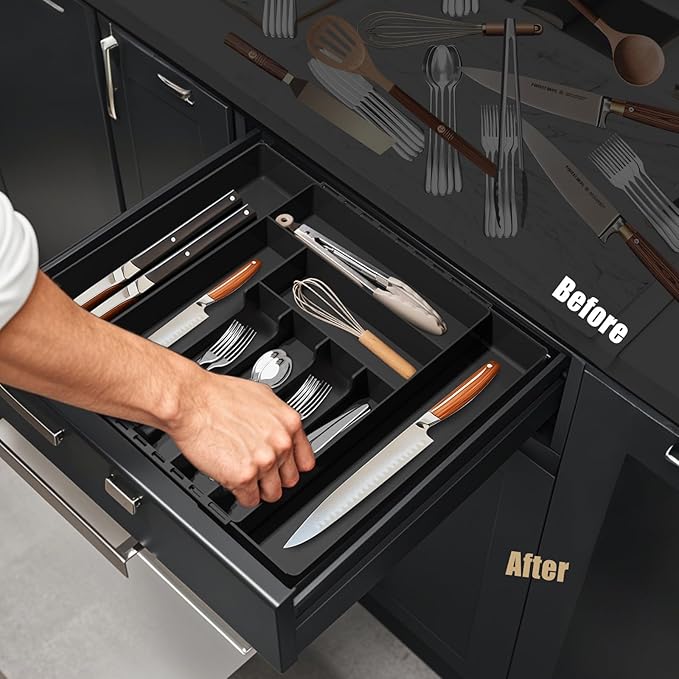 JYPS Silverware Drawer Organizer, Expandable, Adjustable for Forks, Knives, Multipurpose Kitchen Utensils, Black Large