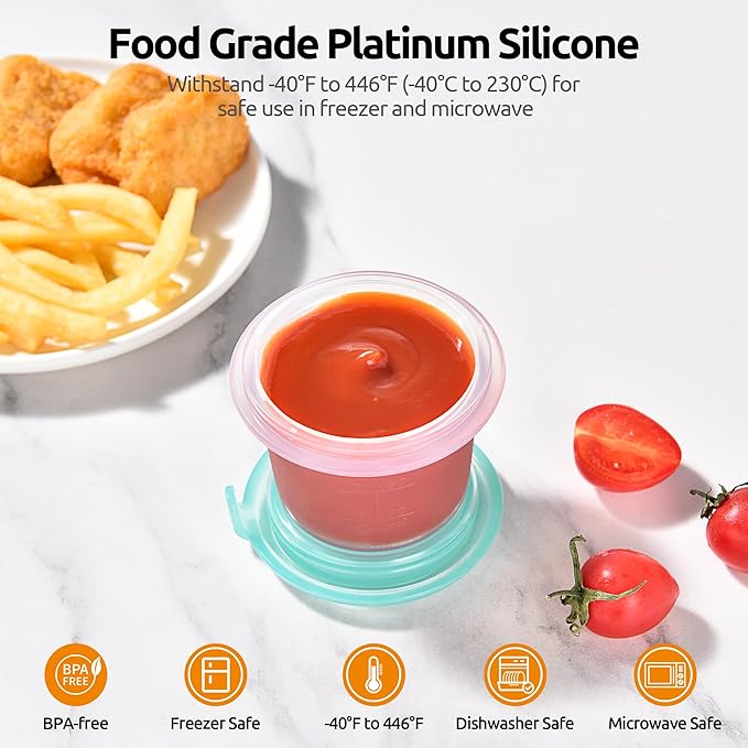 U-Taste 2oz Silicone Food Container: Mini Kitchen Storage with Airtight Lid, Freezer & Microwave Safe, Dip Box with Date Marking Circle, Clear Round Stackable for Sauce, Dressing, Condiment (Teal)