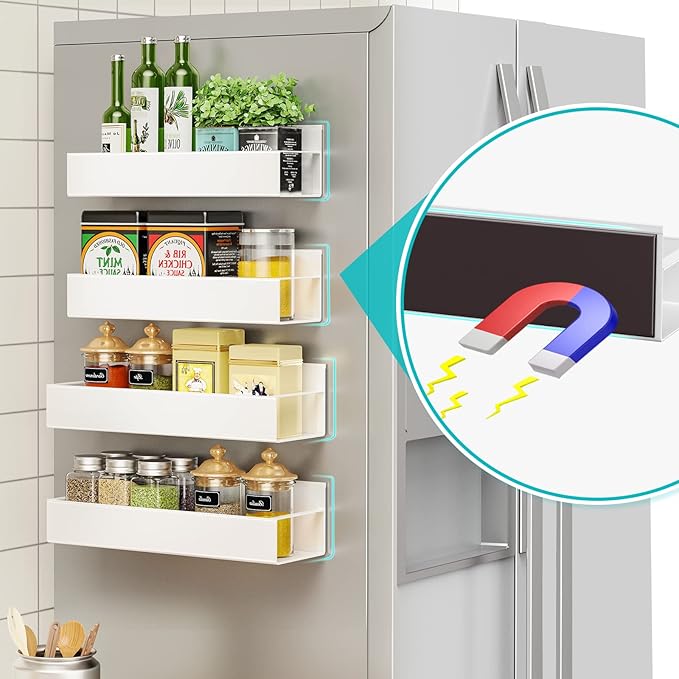 4 Pack Moveable Fridge Magnetic Spice Racks,Metal White