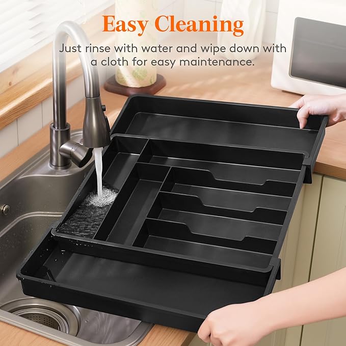 Lifewit Expandable Silverware Drawer Organizer, 22.4 x 16.7 x 2 inches, Adjustable Utensil Cutlery Tray for kitchen, Plastic Flatware Spoon Fork Knives Holder Storage Divider,2 Pack, Black
