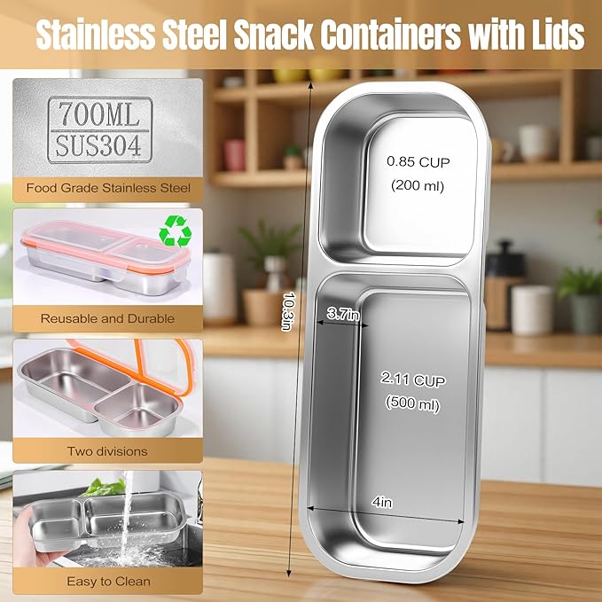 Stainless Steel Snack Containers - Reusable Double Compartment Condiment Box with Lids for Kids Adults, Grab and Go Divided Snack Food Storage Containers Sauce Cups for School, Travel