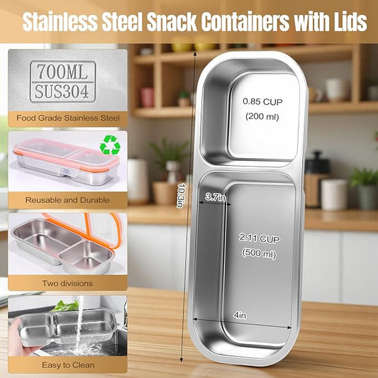 Stainless Steel Snack Containers - Reusable Double Compartment Condiment Box with Lids for Kids Adults, Grab and Go Divided Snack Food Storage Containers Sauce Cups for School, Travel