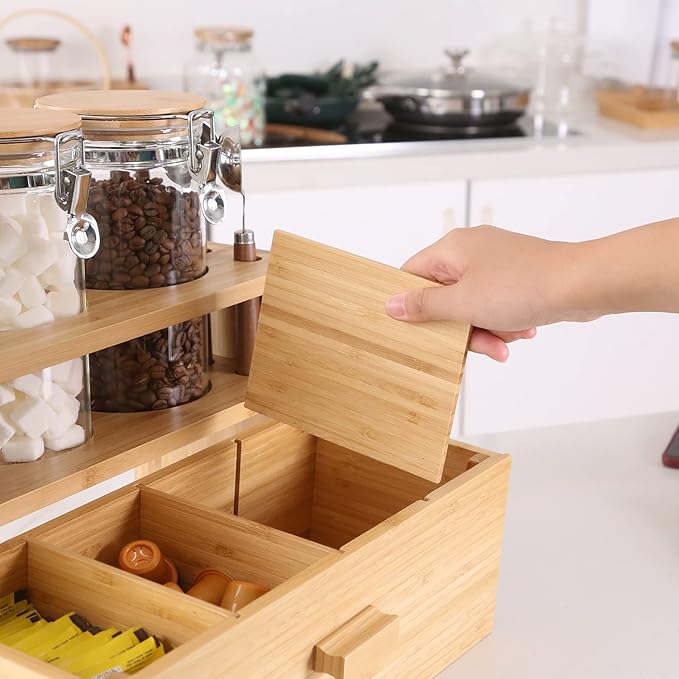 KKC HOME ACCENTS Bamboo Countertop Tea & Coffee Organizer with Airtight Glass Containers and Tea Bags Drawer
