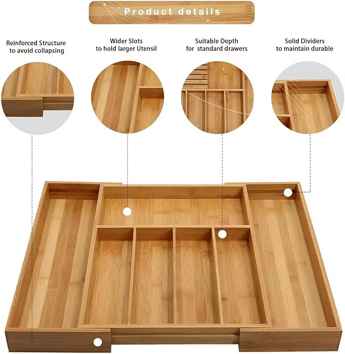 Bamboo Silverware Cutlery Drawer Organizer with Knife Blocks -Expandable Drawer Organizer with Dividers for Kitchen Utensil & Flatware Organizer (7 Slots)