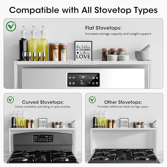 Bumusty Spice Rack Shelf for Kitchen Stove, 32" Stove Top Shelf, Stove Shelf for Back of Stove, Over the Stove Shelf, Kitchen Organizers, Oven Shelf for Top of Stove, White